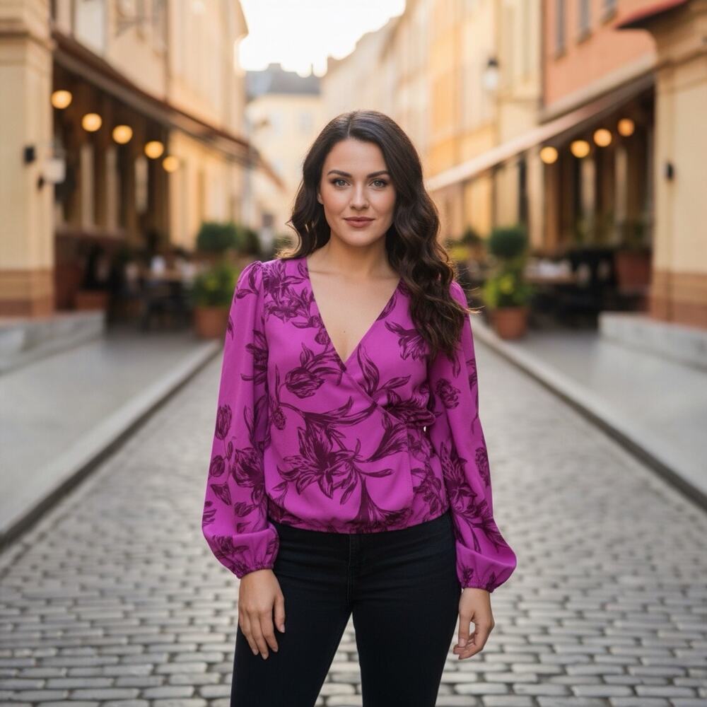 A New Day Purple Floral Lightweight V-Neck Long Sleeve Wrap Blouse Size M